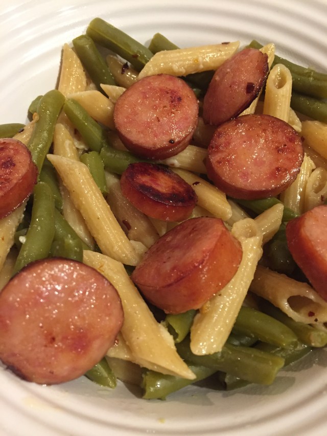 Spicy pasta, kielbasa, &amp; green beans